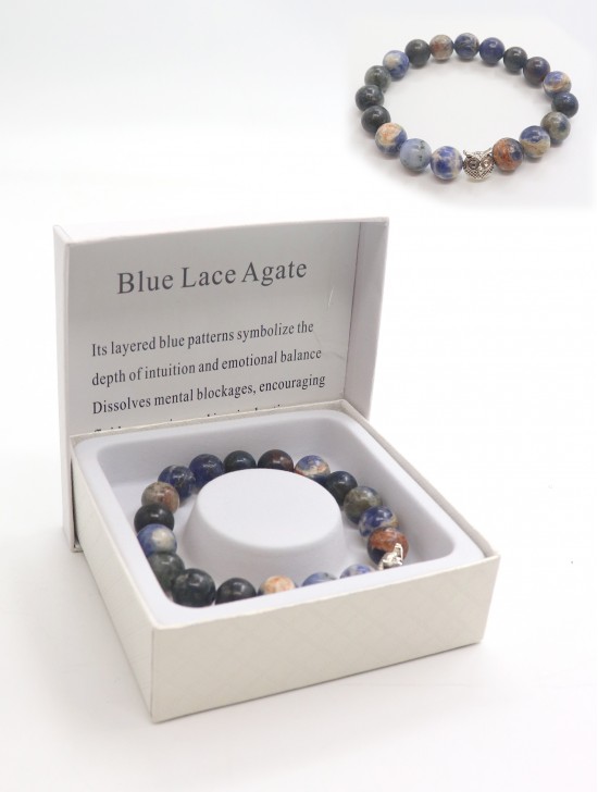Blue Lace Agate Blessing Bead Bracelets with Gift Box. 